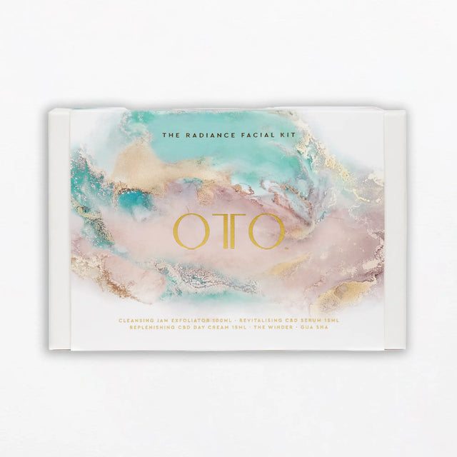 OTO Radiance Facial Kit with exfoliating jam, CBD serum, CBD day cream and Gua Sha tool.
